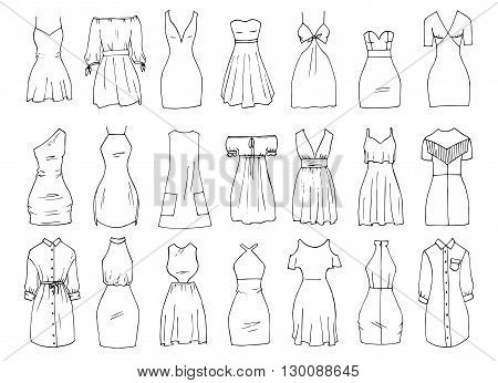 Hand drawn vector clothing set. 21 models of trendy mini dresses.