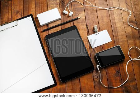 Blank corporate identity template on vintage wooden background. Mock-up for design presentations and portfolios. Blank branding mock-up.