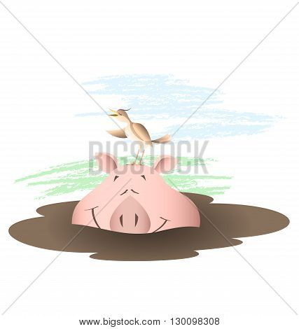 A bird singing a song to a pig sleeping in a puddle