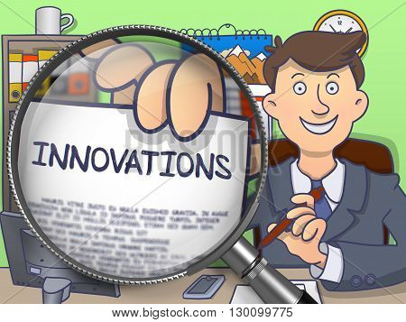 Man in Suit Looking at Camera and Showing a Concept on Paper Innovations Concept through Magnifier. Closeup View. Multicolor Doodle Style Illustration.