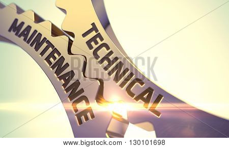 Technical Maintenance on Mechanism of Golden Cogwheels with Glow Effect. Golden Cogwheels with Technical Maintenance Concept. Technical Maintenance - Technical Design. 3D Render.