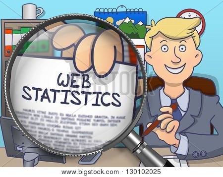 Officeman Showing a Paper with Inscription Web Statistics. Closeup View through Lens. Multicolor Modern Line Illustration in Doodle Style.