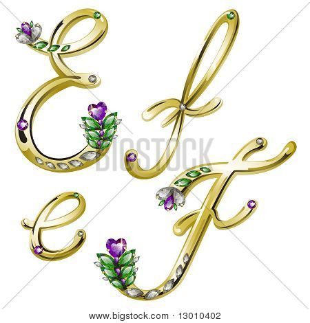 Vector alfabeto de oro con diamantes y gemas letras E, F