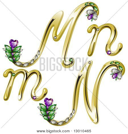 Vector gouden alfabet met diamanten en edelstenen Letters M, N