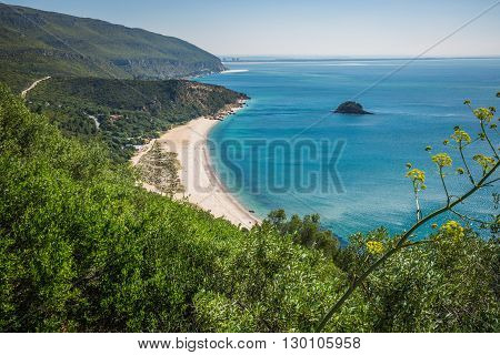 View of the beautiful coastal landscapes of the Arrabida region located on Setubal Portugal.