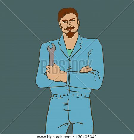 Vector illustration with hipster man Auto Mechanic in cool retro style