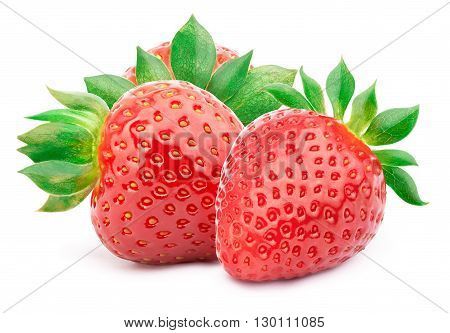 Three perfectly cleaned strawberries with leaves isolated on the white background with clipping path
