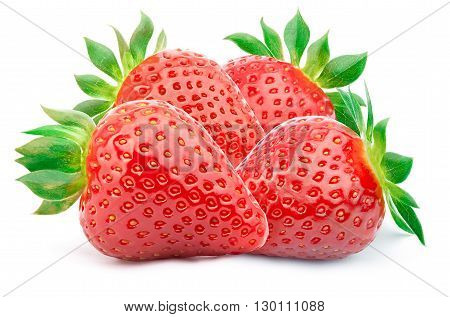 Four perfectly cleaned strawberries with leaves isolated on the white background with clipping path