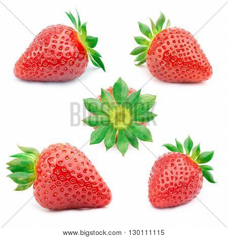 Set of five perfectly cleaned strawberries with leaves isolated on the white background with clipping path.