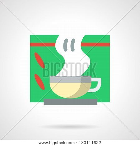 Hot tea in cup with steam and green box. Drink for colds, winter menu for cafes and restaurants. Herbal decoction. Flat color style vector icon.