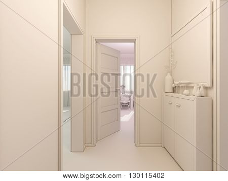 3D render of interior design entrance hall in a studio apartment in a modern minimalist style. The illustration shows the open doors in the living room kitchen hallway and large closet