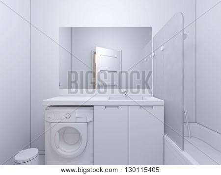 3d render of interior design bathroom. The illustration shows the bedside table with a mirror in white color under which there is a washing machine. Bath with water and glass shower curtain. In the mirror display doors in the hallway of the apartmen