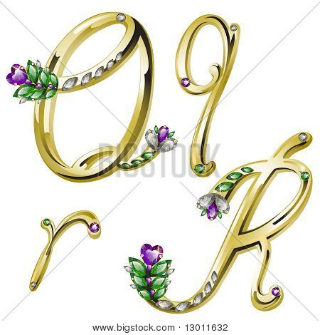 Vector gouden alfabet met diamanten en edelstenen Letters Q, R