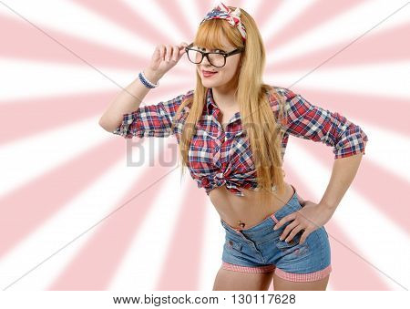 portrait of retro beautiful pin up girl with glasses