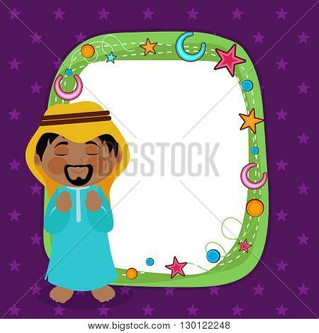 Beautiful Greeting Card with Young Islamic Man Praying and creative Elments decorated Frame for Islamic Festivals Celebration.