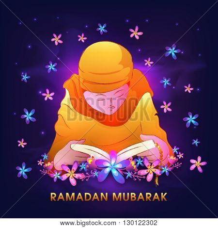 Elegant Illustration of Young Islamic Girl in Traditional Outfit, Reading Holy Book of Muslim Community 