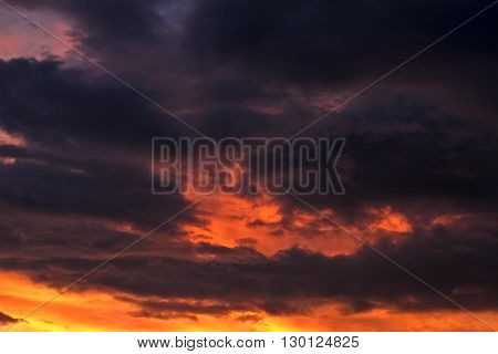 Dramatic storm clouds with eye in a sky. Sunset. Meteorology. Synoptics. Changes in the weather. Cloud Front.