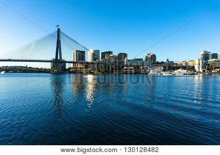ANZAC bridge and CBD view of Sydney as viewed from Blackwattle bay. Office commercial and residential skyscraper buildings