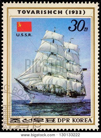 MOSCOW RUSSIA - MAY 17 2016: A stamp printed in DPRK (North Korea) shows image of Russian sail training barque 