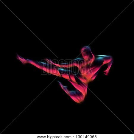 Man in a karate pose. Martial arts man silhouette. Abstract illustration of a martial arts master on black background