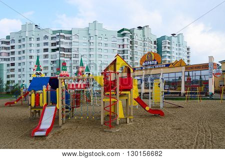 GOMEL BELARUS - APRIL 14 2016: Modern children's playground on the street Khatayevich Gomel Belarus