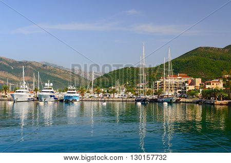 TIVAT MONTENEGRO - SEPTEMBER 16 2015: Ships are near the coast of the Bay of Tivat Tivat Montenegro