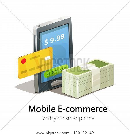 Mobile e-commerce concept. Smartphone plastic credit card and money. Isolated on white background.