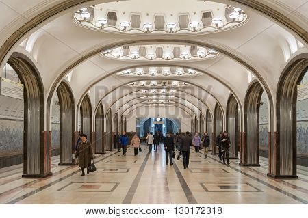 MOSCOW - OCTOBER 8: Mayakovskaya subway station on October 8 2015 in Moscow. The station was built as part of the second stage of the Moscow Metro expansion opening on 11 September 1938.
