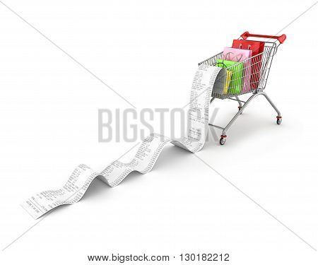 Shopping Trolley With shopping bags and long Receipts Over White Background. 3d illustration