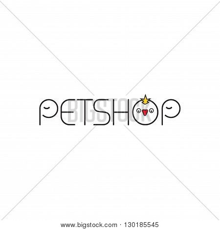 Pet shop vector logo template, abstract flat outline pets shop text with elephant and bird logotype design, pets faces isolated on white background, cartoon logotype illustration