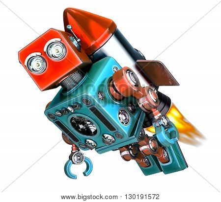 Robot fly on rocket. Start up concept. 3d illustration. Isolated. Contains clipping path.
