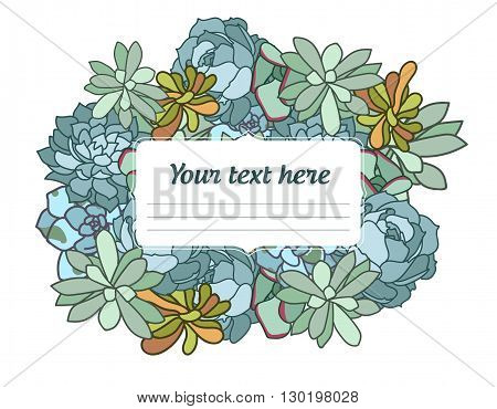 Succulent flower isolated hand drawn vector illustration, agave succulent icon, with corner in oriental style, text, flat design