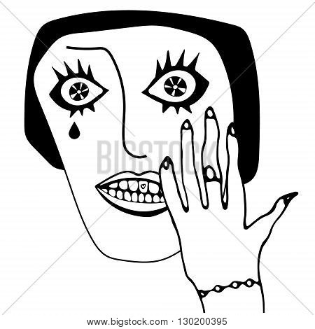 Hand drawn vector illustration crying woman face and palm