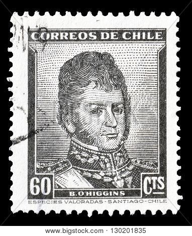 CHILE - CIRCA 1948 : Cancelled postage stamp printed by Chile, that shows  portrait of Bernardo O'Higgins