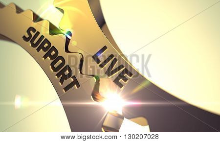 Live Support Golden Metallic Gears. Live Support on the Mechanism of Golden Metallic Cogwheels with Lens Flare. Live Support on Mechanism of Golden Metallic Cogwheels with Glow Effect. 3D Render.