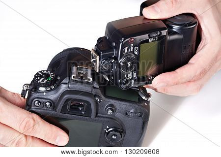 Photographer Set External Flash On Digital Slr Camera