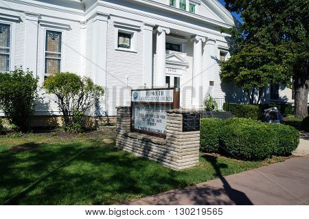 PLAINFIELD, ILLINOIS / UNITED STATES - SEPTEMBER 20, 2015: The Plymouth Congregation Church offers worship services in downtown Plainfield.