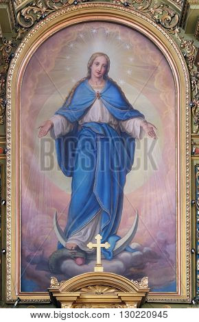 ZAGREB, CROATIA - SEPTEMBER 14: Our Lady, altarpiece in the Basilica of the Sacred Heart of Jesus in Zagreb, Croatia on September 14, 2015