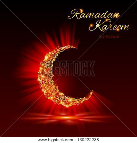 Glowing ornate crescent with bright flare and radiance in dark red and golden shades. Greeting card of holy Muslim month Ramadan