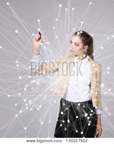 Worldwide network or wireless internet connection futuristic concept. Woman working with linked dots.