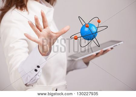 Woman scientist with atom model, research concept