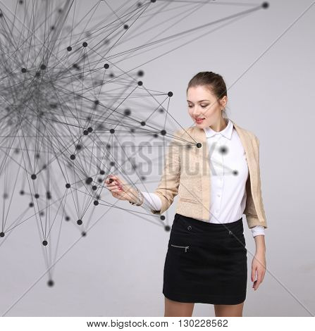 Worldwide network or wireless internet connection futuristic concept. Woman working with linked dots.