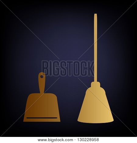 Dustpan vector icon. Scoop for cleaning garbage housework dustpan equipment. Golden style icon on dark blue background.