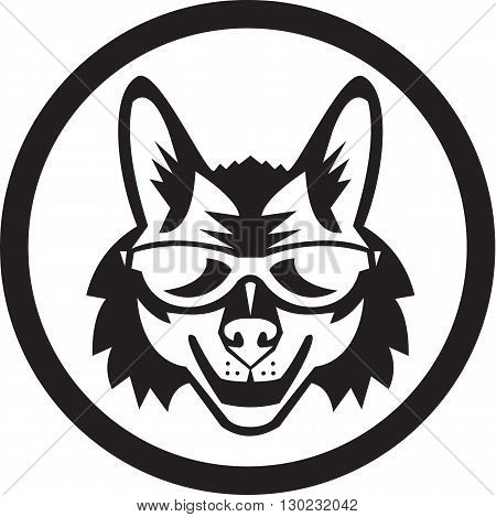Illustration of a coyote wolf wearing sunglasses viewed from front set inside circle on isolated background done in retro style.