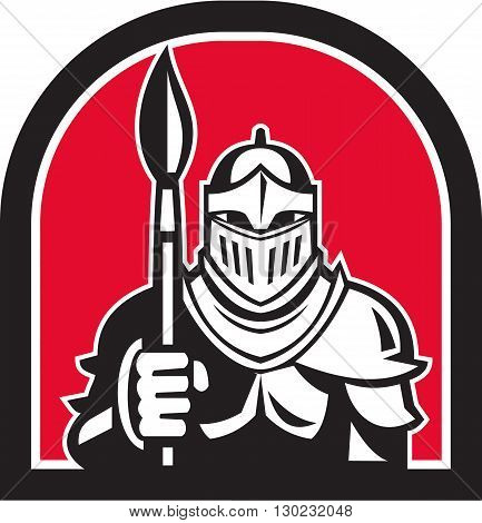 Illustration of knight in full armor holding paint brush viewed from front set inside half circle on isolated background done in retro style.