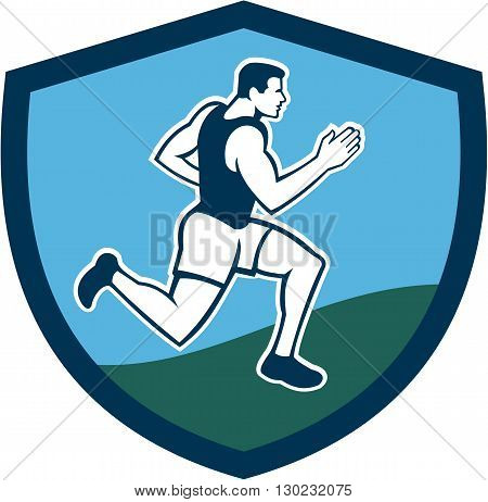 Illustrations of male marathon triathlete runner running viewed from the side set inside circle on isolated background done in retro style.