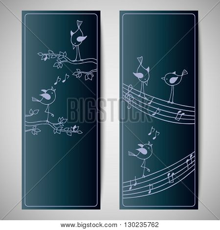 Vector set template with cute hand drawn birds. Flyer design with a branch of the tree and stave.