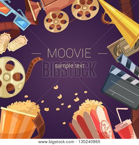 Movie cartoon background with camera tickets videocassette and popcorn vector illustration