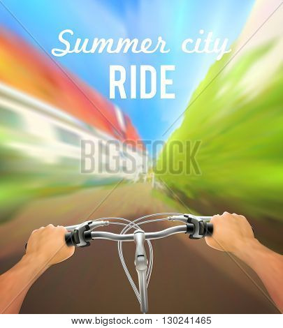 Handlebar colored poster with man on bike rides in the city and description summer city ride vector illustration