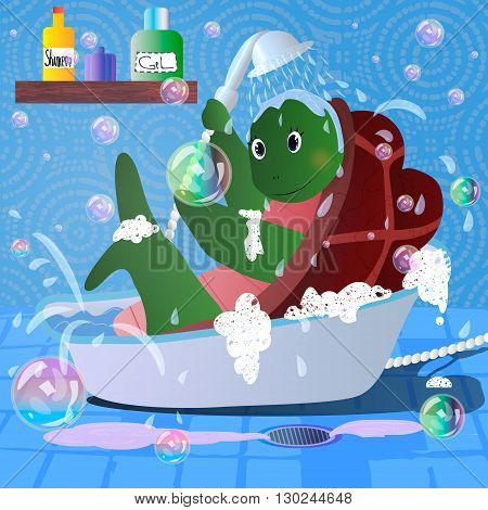 Vector cartoon picture of funny turtle in bathroom towel. character illustration